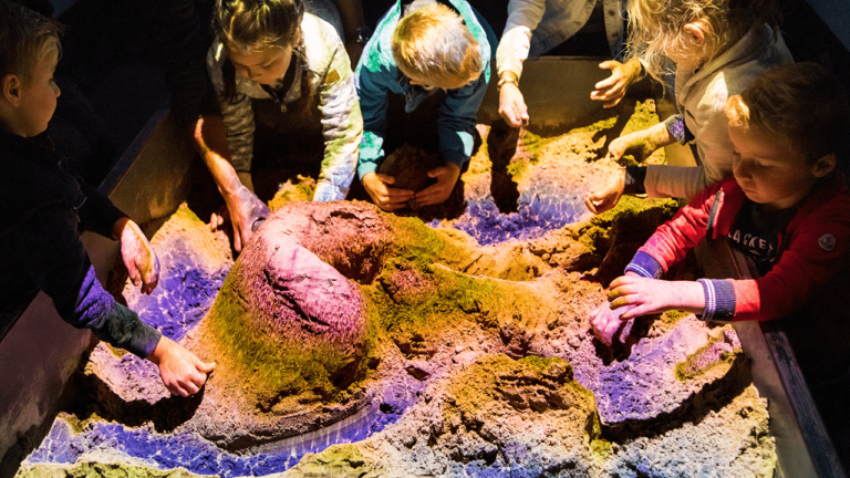 Vijf kinderen werken in het geofort aan een maquette van het landschap