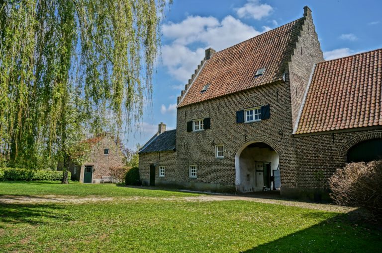 Foto van kasteel Meerlo, op de voorgrond een grasveld en takken van een wilg.