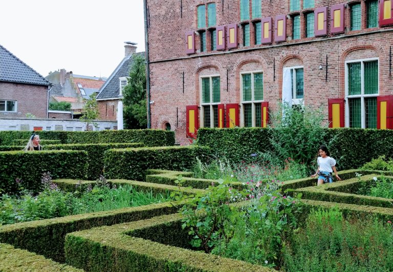De tuin van het Elisabeth Weeshuismuseum met op de achtergrond het oude gebouw van het museum.