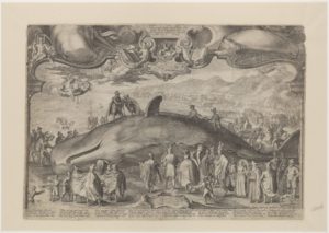 Ets van Jan Saenredam en Theodor Schrevelius, Gestrande walvis bij Beverwijk, 1601. Collectie Kennemerland, Noord-Hollands Archief.